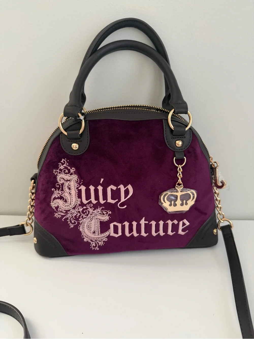 Juicy Couture Purple Velvet Dome Satchel with Black Trim and Gold Hardware
